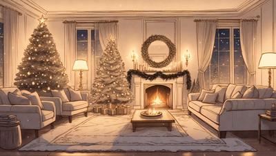 The primary subject of the image is a living room decorated for Christmas. The room features a fireplace with a fire burning in it, creating a warm and cozy atmosphere. There are two couches in the room, one on the left side and the other on the right side. A chair is also present in the room, located near the left couch.

The setting/background of the image is a well-decorated living room, with a Christmas tree placed in the corner of the room. The room is adorn